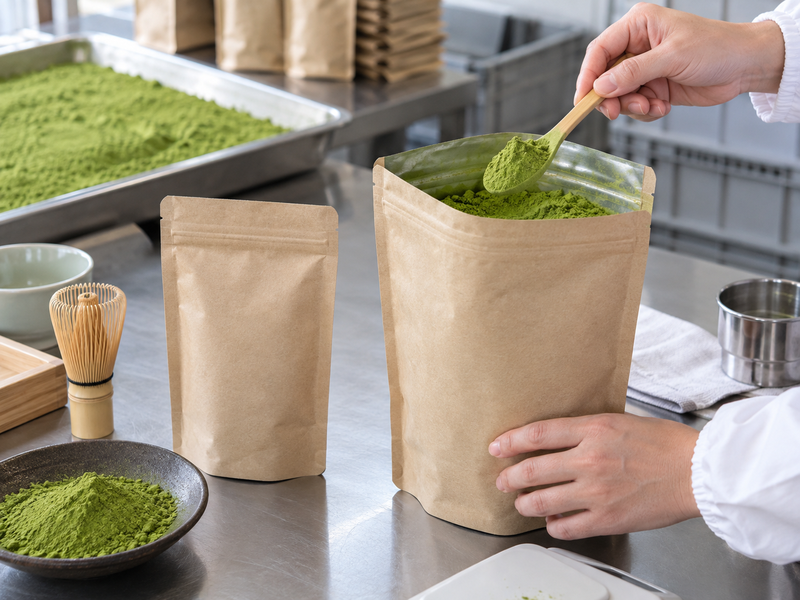 Organic matcha sample scorecard beside dose-based commercial costing