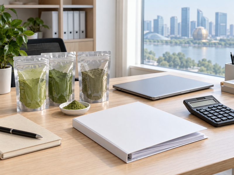 Side-by-side coded matcha beverage samples for buyer evaluation
