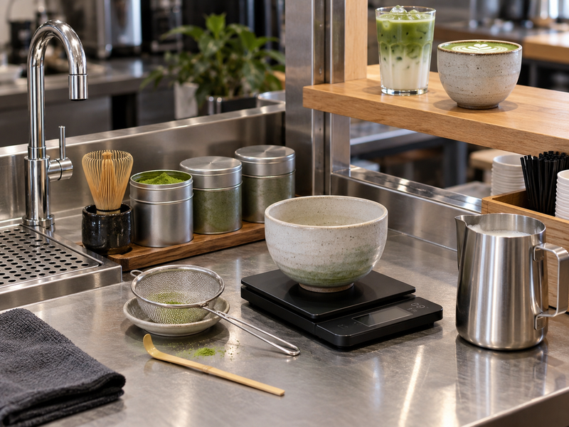 Overhead view of a compact matcha café counter marked with powder, water, mixing and handoff zones