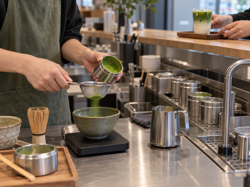 Dry matcha dosing area with closed powder container, scale, sieve and clean scoop