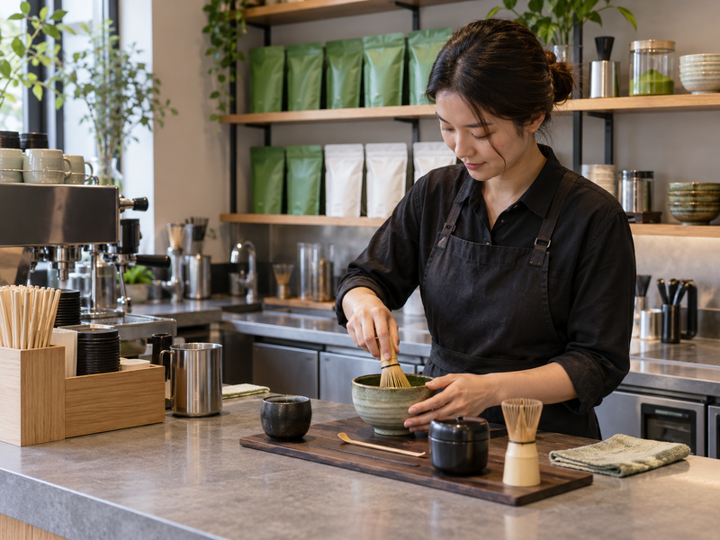 Completed matcha drinks at a separate labeled pickup area away from open powder and washing