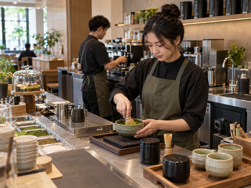 Two baristas testing a matcha station layout during a simulated busy café queue