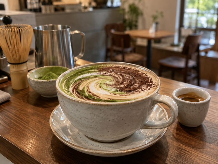 Hot matcha mocha with cocoa and matcha swirl in a Mainland Chinese café