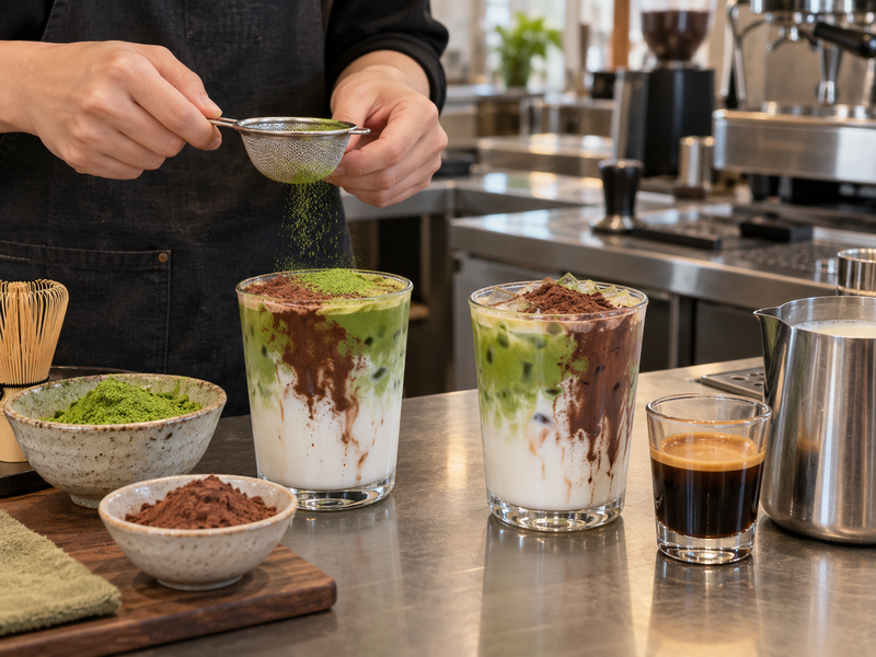 Two matcha mocha trial drinks and ingredients at a Mainland Chinese café