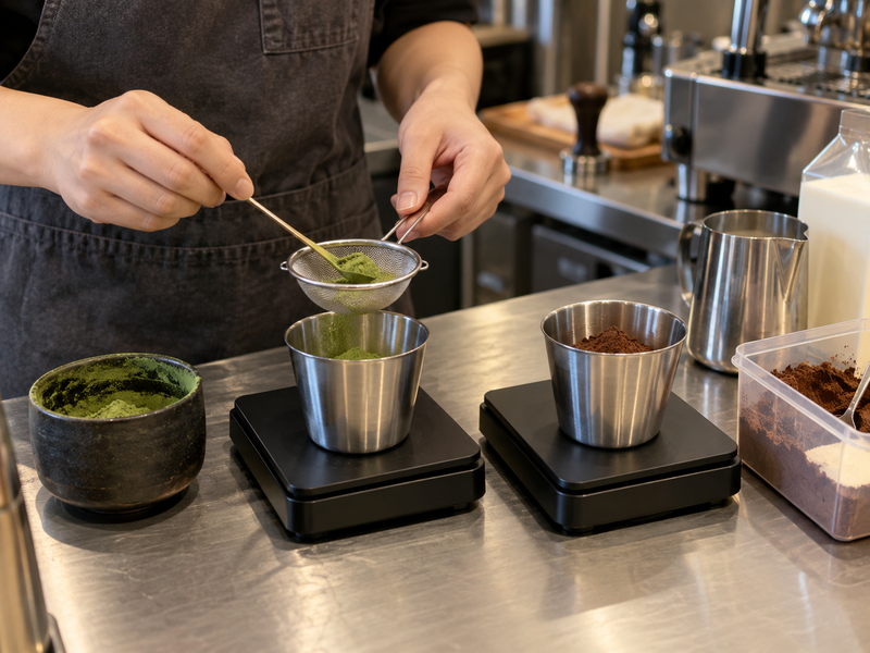 Barista weighing matcha and cocoa for a café recipe trial