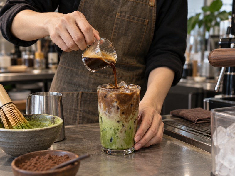 Barista assembling an iced matcha mocha with an optional espresso shot