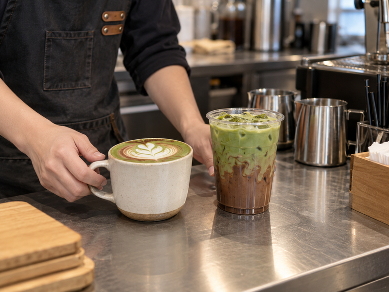 Hot and iced matcha mocha cups inspected on a café service counter