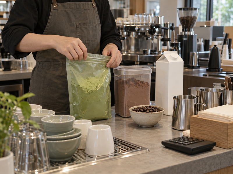 Café ingredients and cups arranged for matcha mocha costing