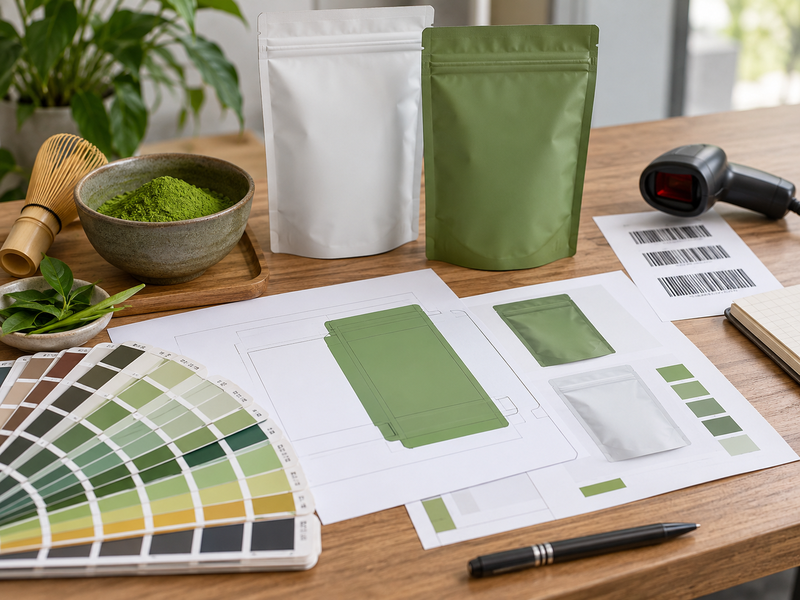 Named artwork reviewers and approval handoffs for a matcha pouch