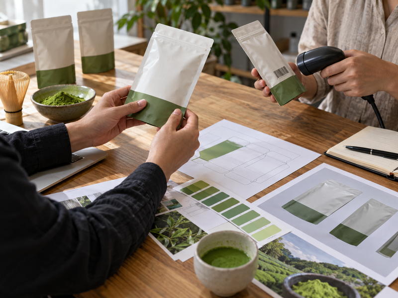 Flat matcha pouch dieline beside a filled mockup with safe zones