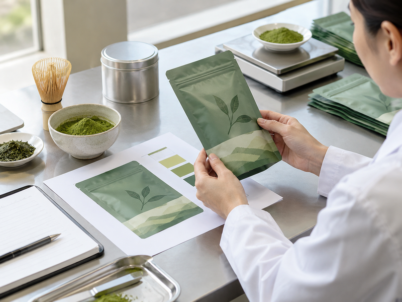 Printed lot code on a matcha pouch coding window