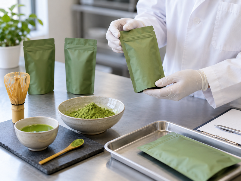 Matcha packaging hard proof compared under controlled light