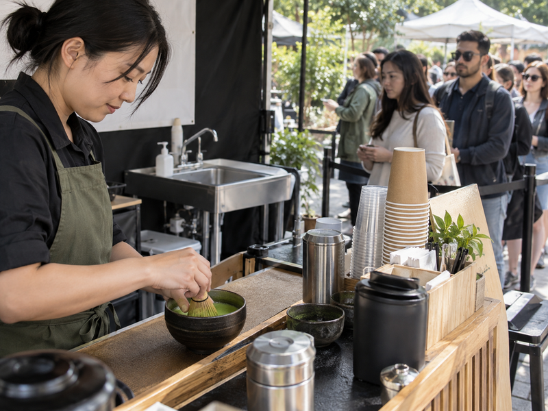 Temporary matcha counter with simple menu and service queue