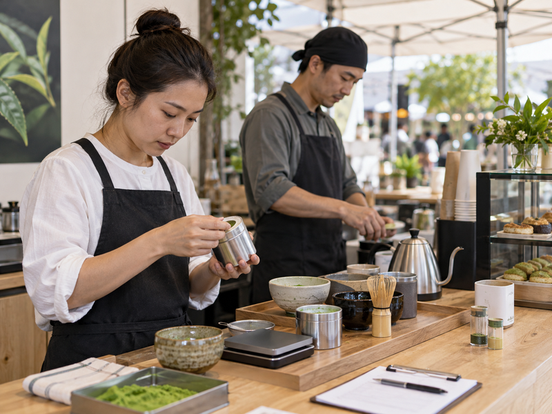 Portioned matcha, milk and cups staged for one pop-up service block
