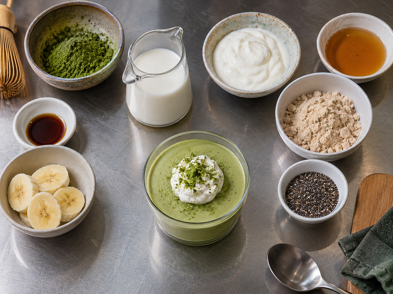 Matcha protein pudding cups showing two texture styles
