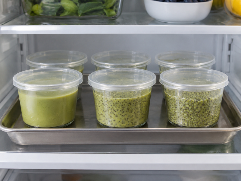 Labeled matcha protein pudding cups in chilled storage