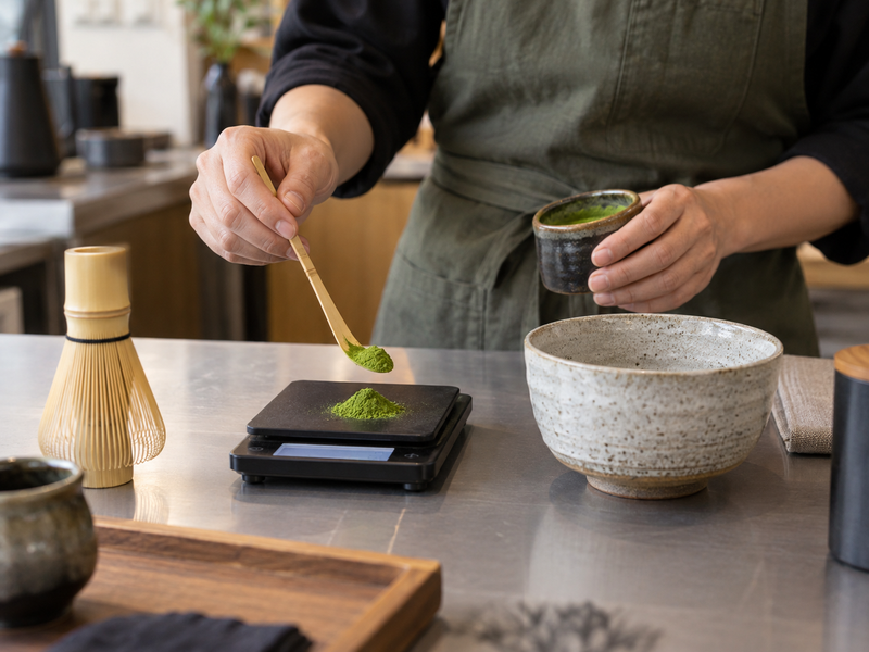 Barista weighing matcha powder on a digital scale