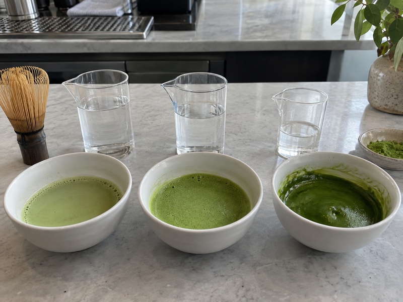Three measured matcha bowls showing different strengths