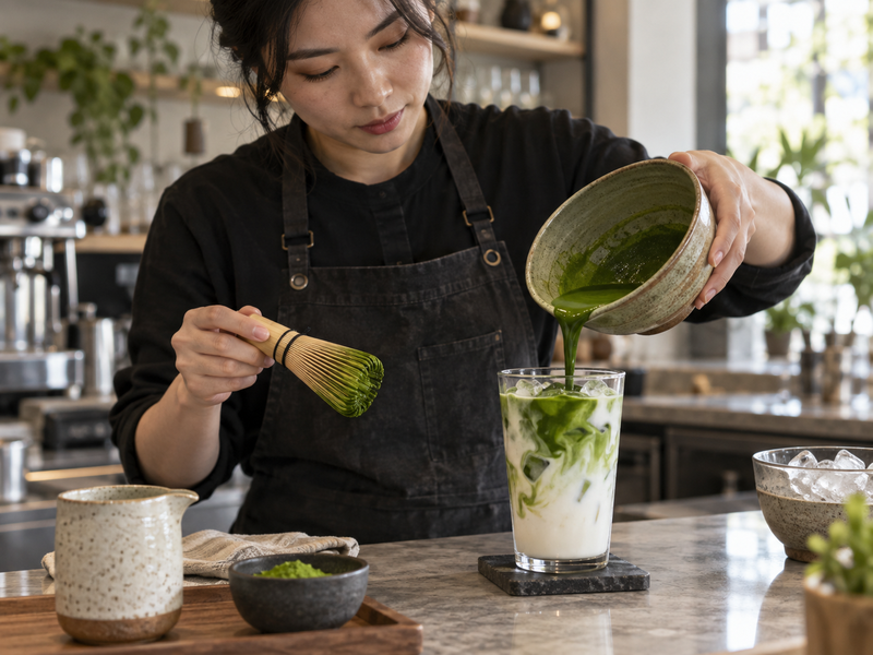 Whisked matcha concentrate added to a measured iced latte