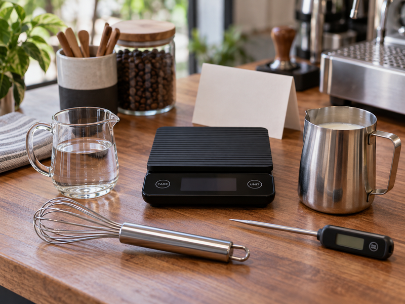 Water, scale and thermometer laid out for a café recipe trial