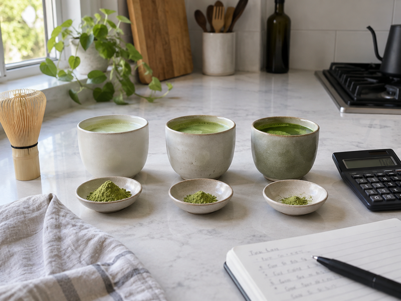 Three matcha cups used to compare powder dose and serving cost