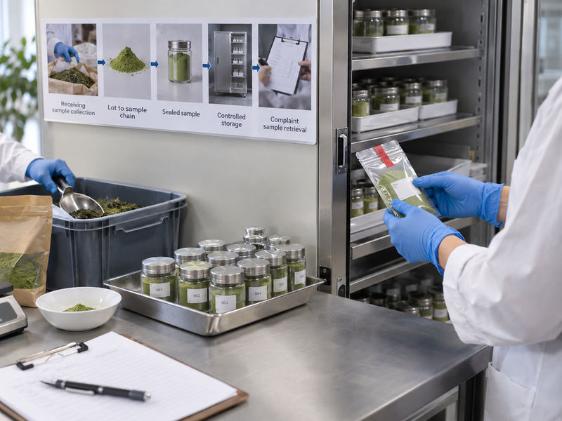 Clean receiving station collecting a matcha lot sample