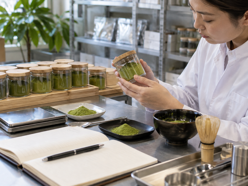 Tamper-sealed and fully labeled matcha sample pouches