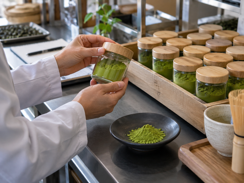 Quality analyst retrieving a sealed matcha sample for investigation
