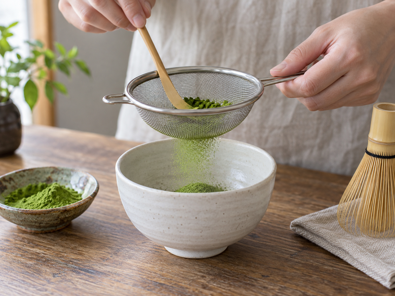 Matcha Sifter: Fine tea strainer held over a white chawan while matcha powder passes through, close-up of mesh and resulting fine powder