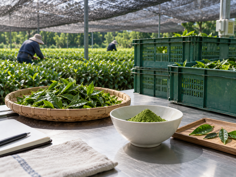 A buyer reviewing matcha farm records beside shaded tea rows