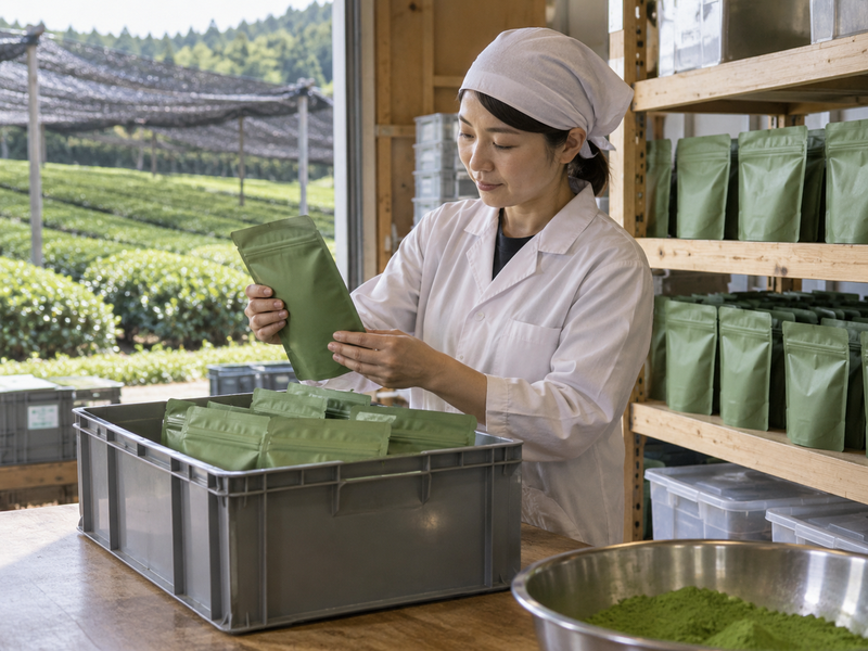 A café manager recording matcha powder use and waste at a clean service station