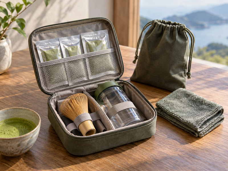 Matcha Travel Set Guide: An open compact travel matcha kit showing sealed powder portions, a portable whisk or shaker, towel and protective pouch