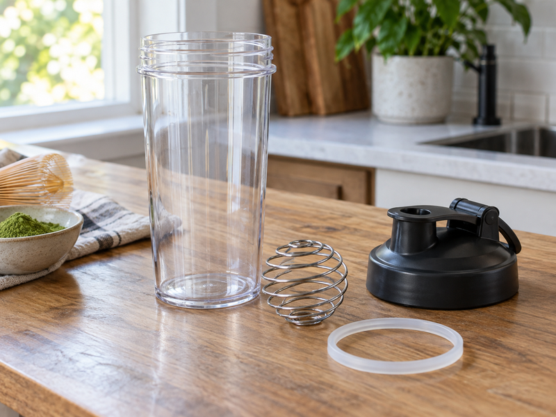 Matcha Travel Set Guide: A transparent matcha shaker bottle with removable mixing insert, cap and gasket laid out for inspection and cleaning