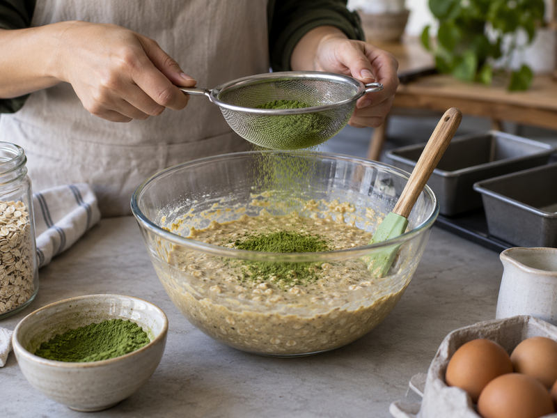 Matcha sifted into an oat batter for batch baking
