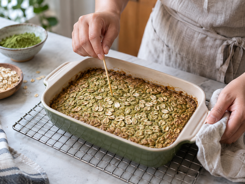 Center check on a tray of matcha baked oats