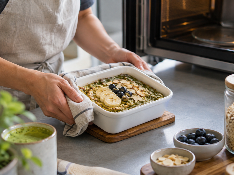 Reheated matcha baked oats portion ready for breakfast service