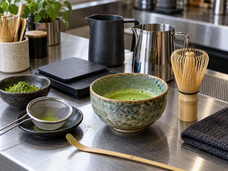 A compact café matcha station with scale, sifter, whisk and clean mixing vessels