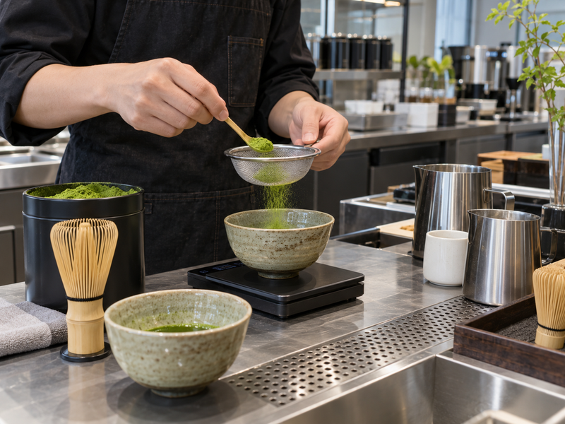 Three matcha mixing methods tested side by side in a commercial café kitchen
