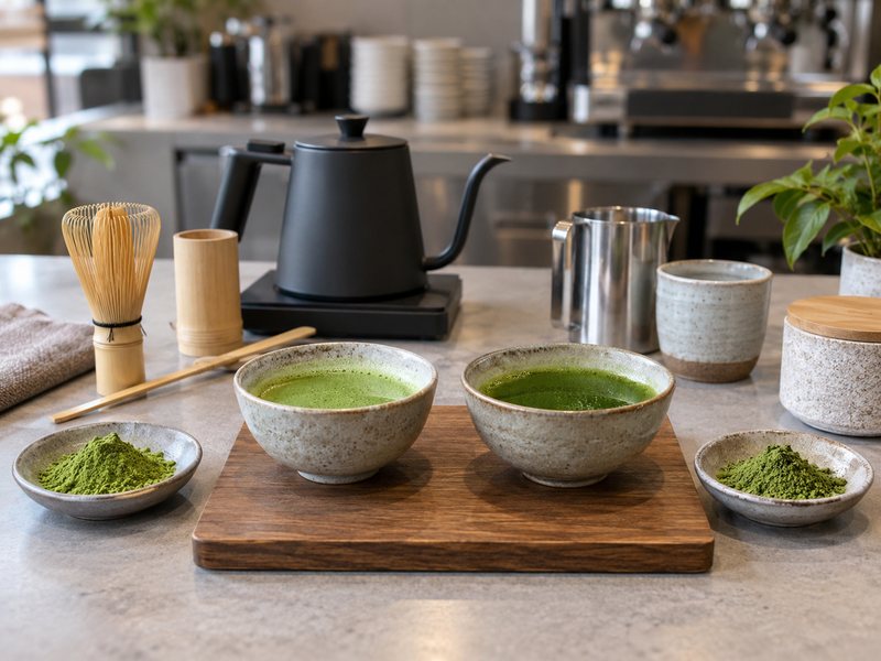 A café manager timing an automated matcha machine during a service trial