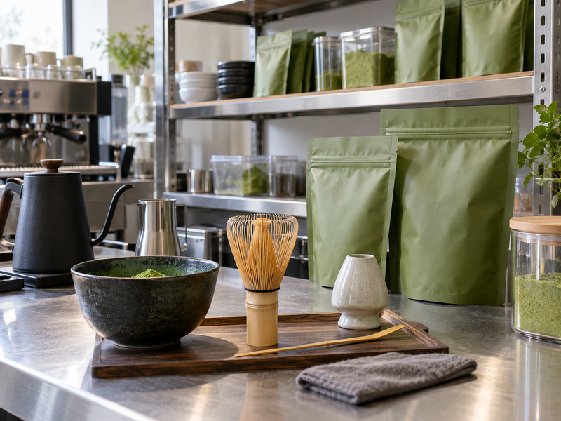 An overhead view of an efficient matcha café station with separate dry and wet zones
