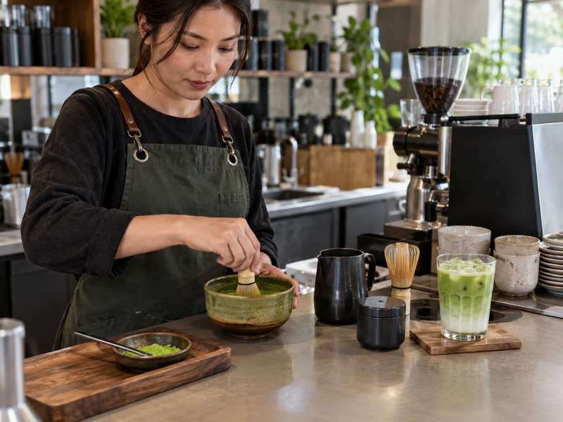 A café team assessing completed matcha drinks and equipment trial notes