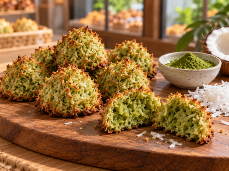 Matcha coconut macaroon assortment on a commercial bakery table