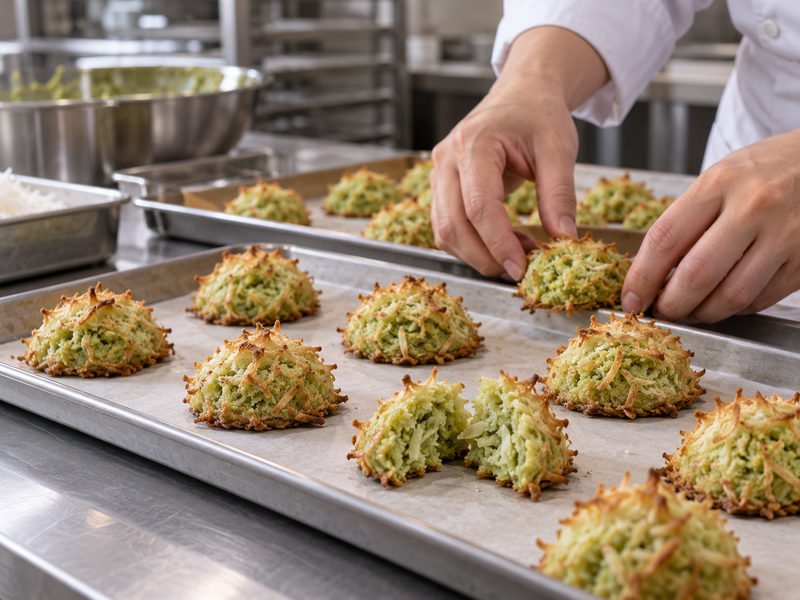 Commercial bakery matcha coconut macaroon product samples