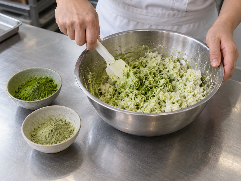 Matcha powder samples tested with coconut macaroon mixture