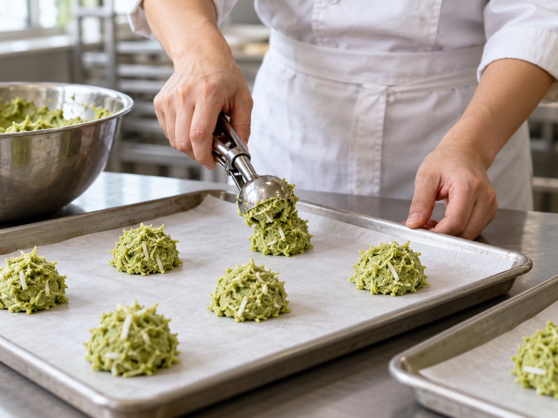 Bakery staff depositing measured matcha coconut macaroon mounds