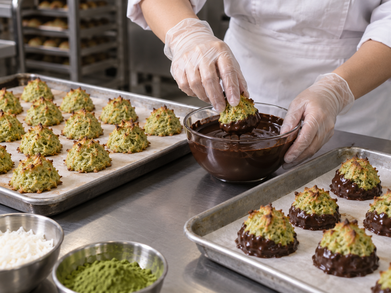 Plain and chocolate-dipped matcha coconut macaroons at bakery finishing station