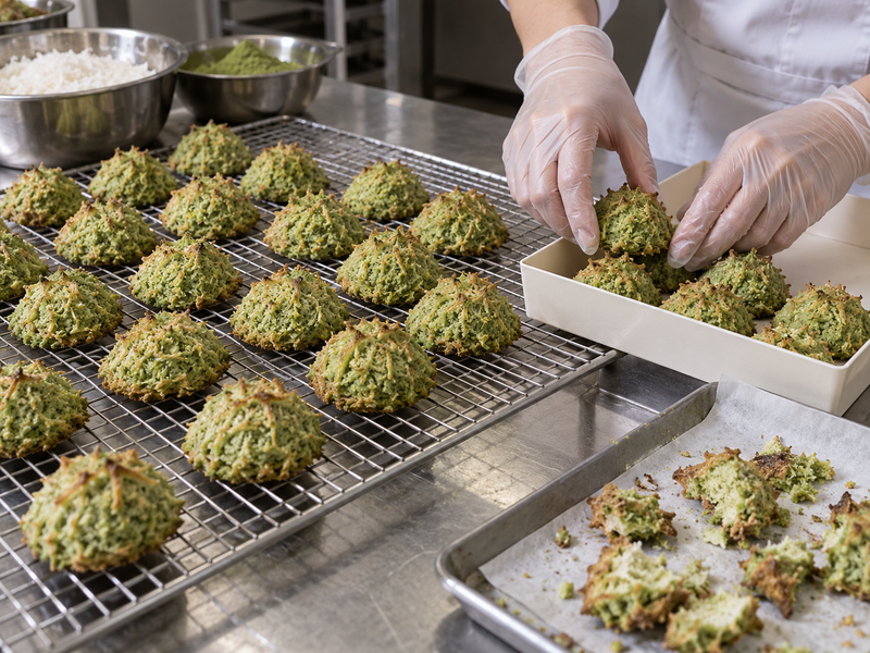 Commercial bakery counting saleable matcha coconut macaroon pieces