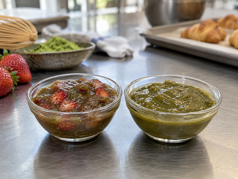 Matcha fruit jam set test on a cooled plate