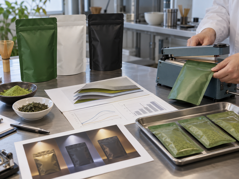 Matcha pouch showing oxygen moisture and light exposure paths