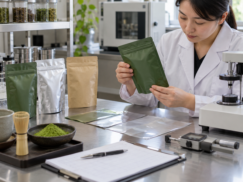 Opaque and clear matcha pouches under a controlled light trial